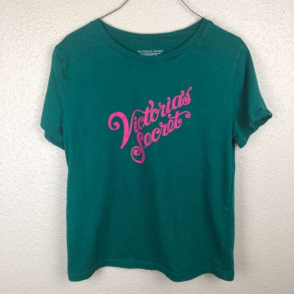 Victoria's Secret Short Sleeve Green Shirt with Pink Brand Graphic Logo Small - Picture 2 of 6